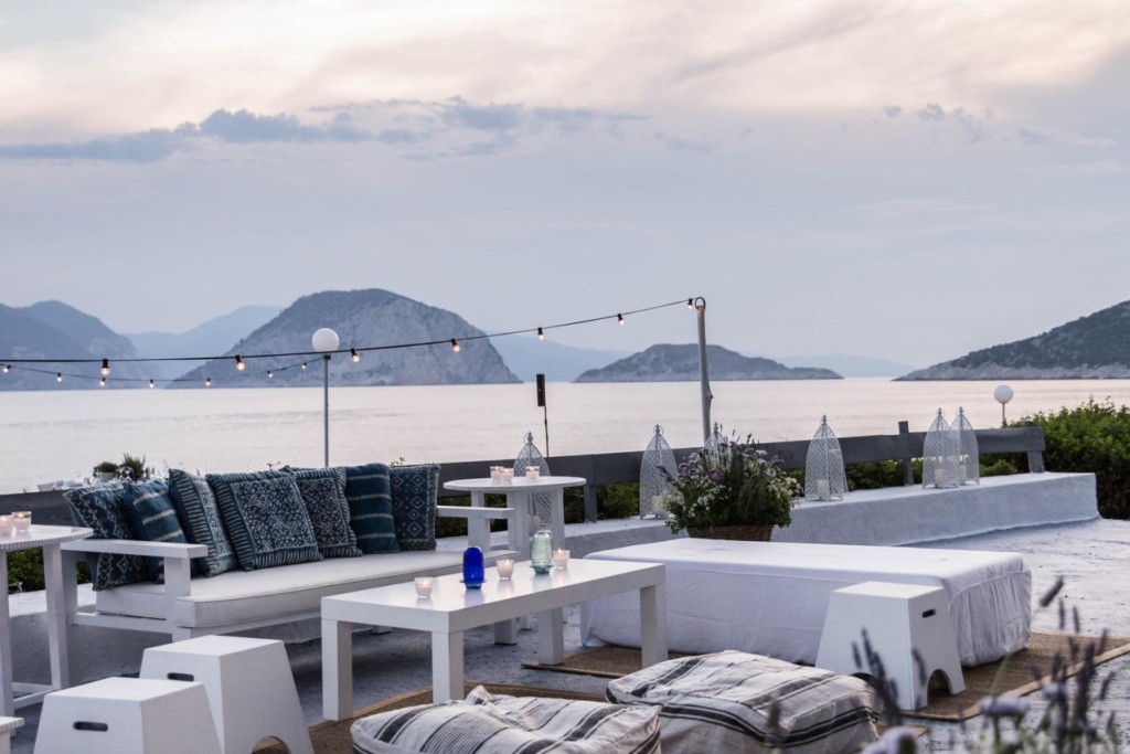 Beige with black stripes Greek fabric pouf - Image 1